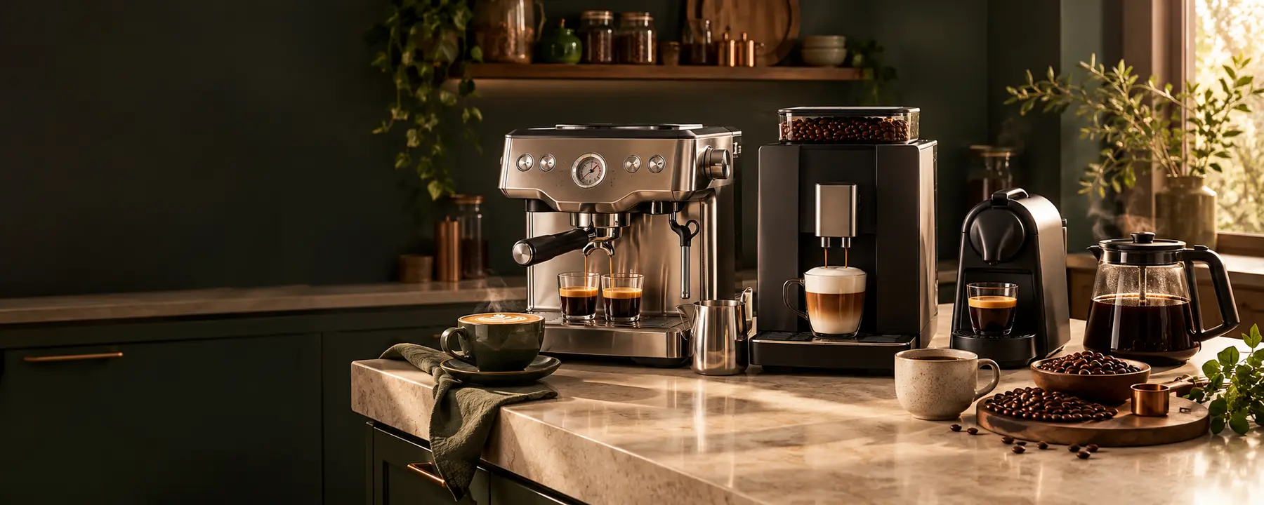 A selection of modern coffee machines on a warm stone kitchen counter